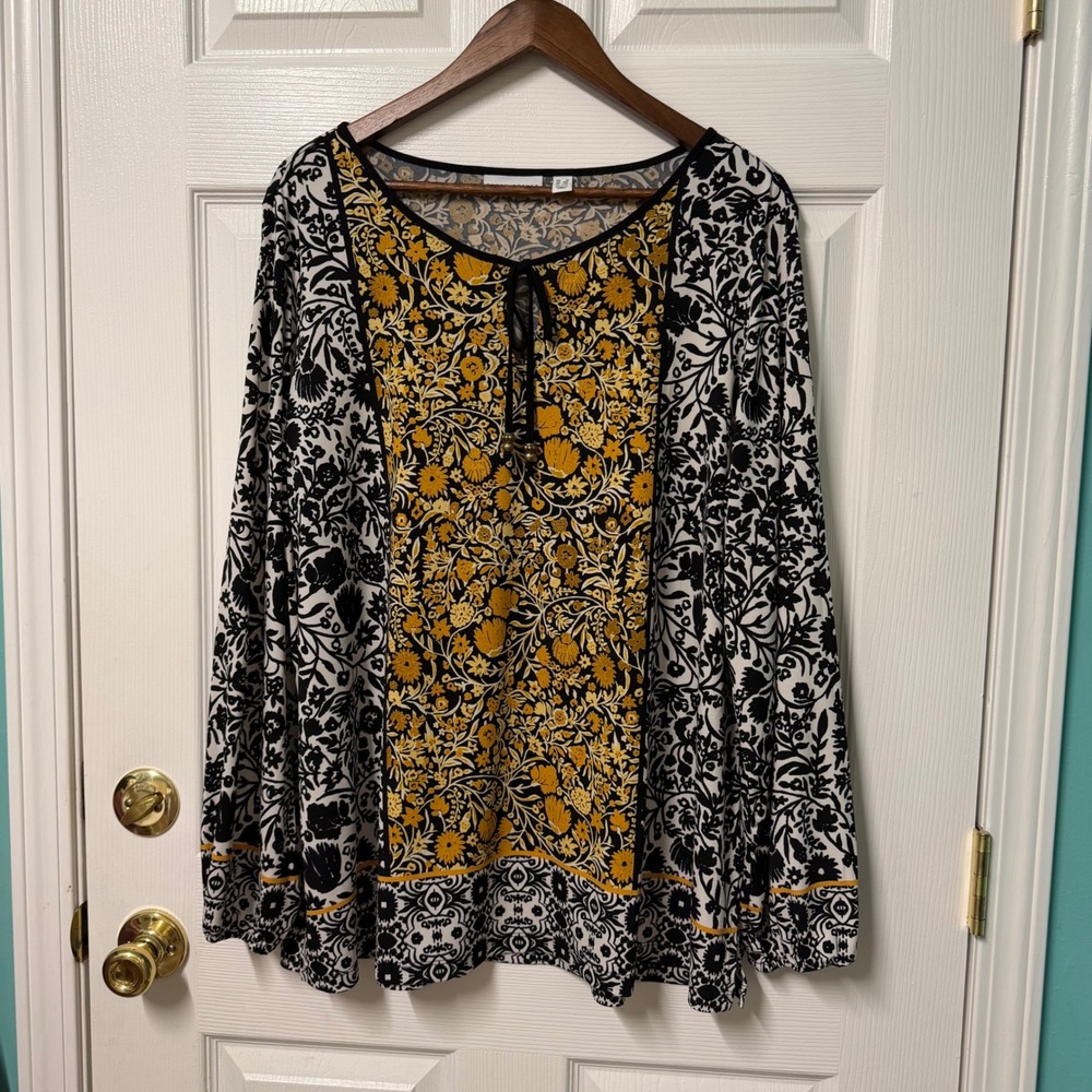 Susan Graver Tunic Top Womens 1X Floral Liquid Knit Split Neck Tie Boho Cottage - Picture 2 of 12